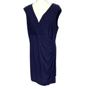 Lauren Ralph Lauren Dress 18 W Navy Blue Ruched Midi Sleeveless V neck Lined